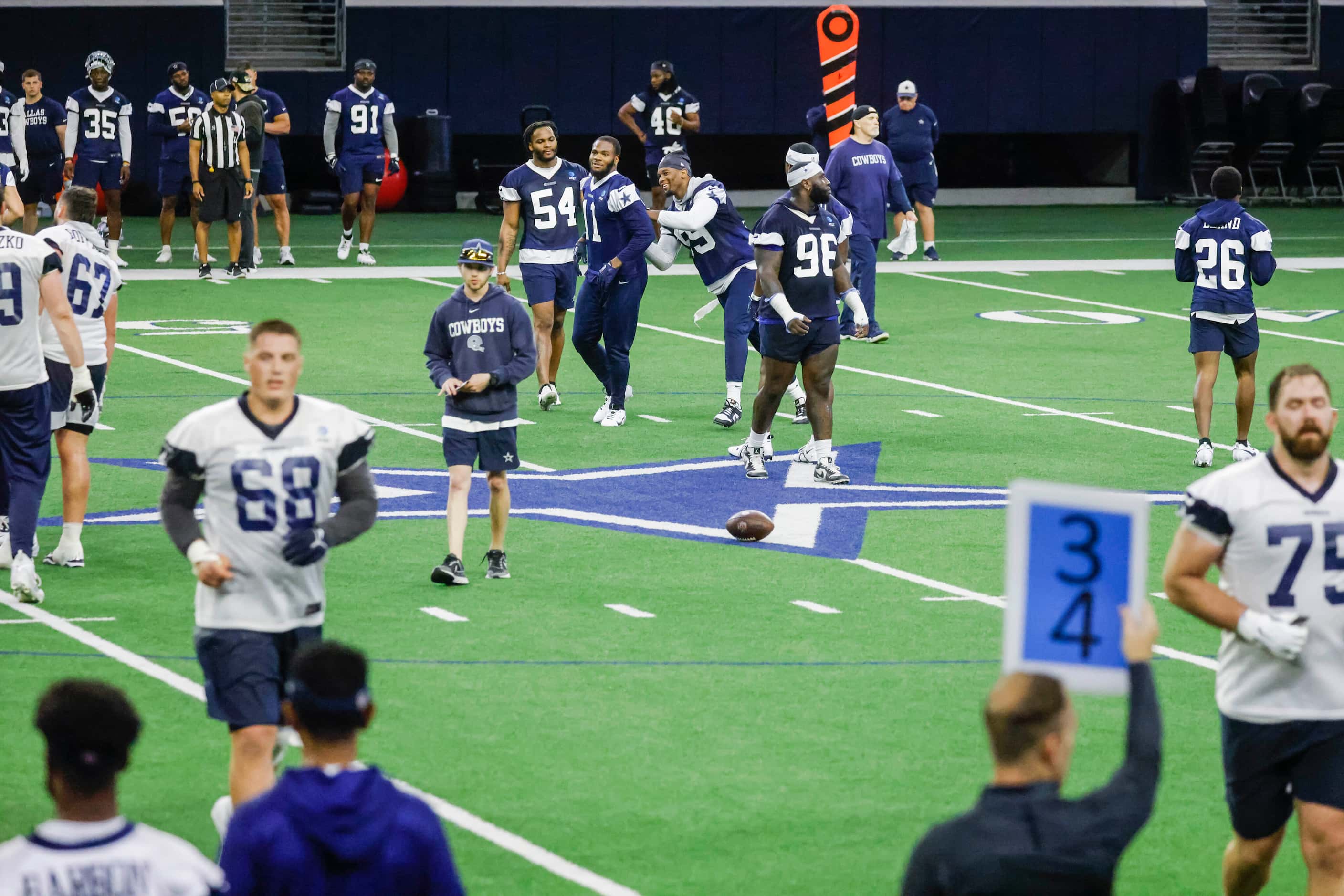 Dallas Cowboys players take part during OTA practice on Thursday, May 25, 2023 at the Star...