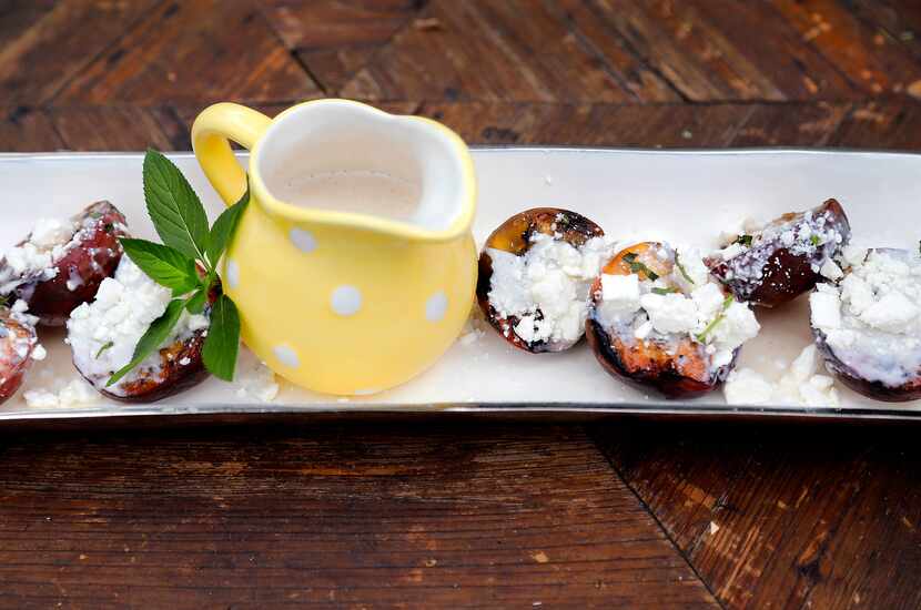 Peaches dressed with Lavender Honied Greek Yogurt and Feta