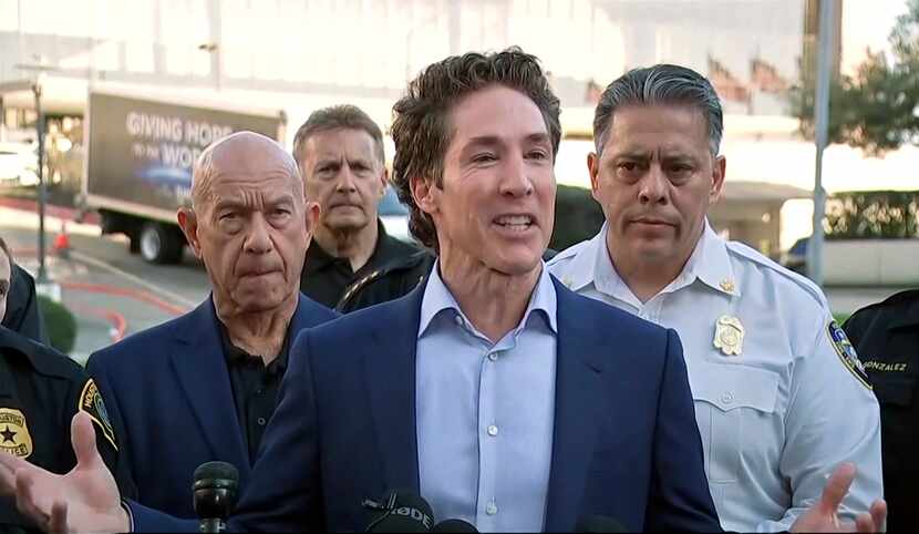 In this screen grab taken from video provided by KTRK-TV ABC13, pastor Joel Osteen speaks to...