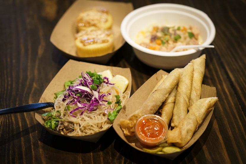 Clockwise from top left: bibingka cupcakes, sopa, lumpia with pineapple chili sauce and...