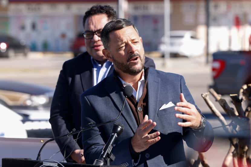 Texas state Rep. Rafael Anchía speaks during a ceremony to unveil new street signs that will...
