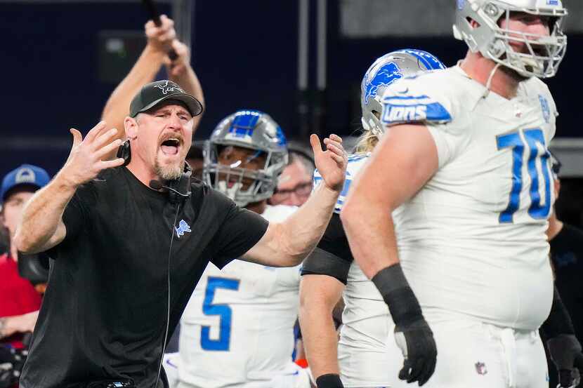 Detroit Lions head coach Dan Campbell reacts after a penalty negated a potential...