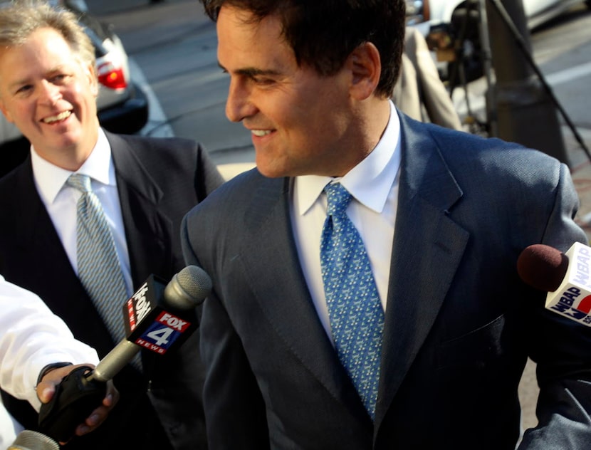 Mark Cuban arrives at the courthouse as bidders arrive for the Texas Rangers baseball team...