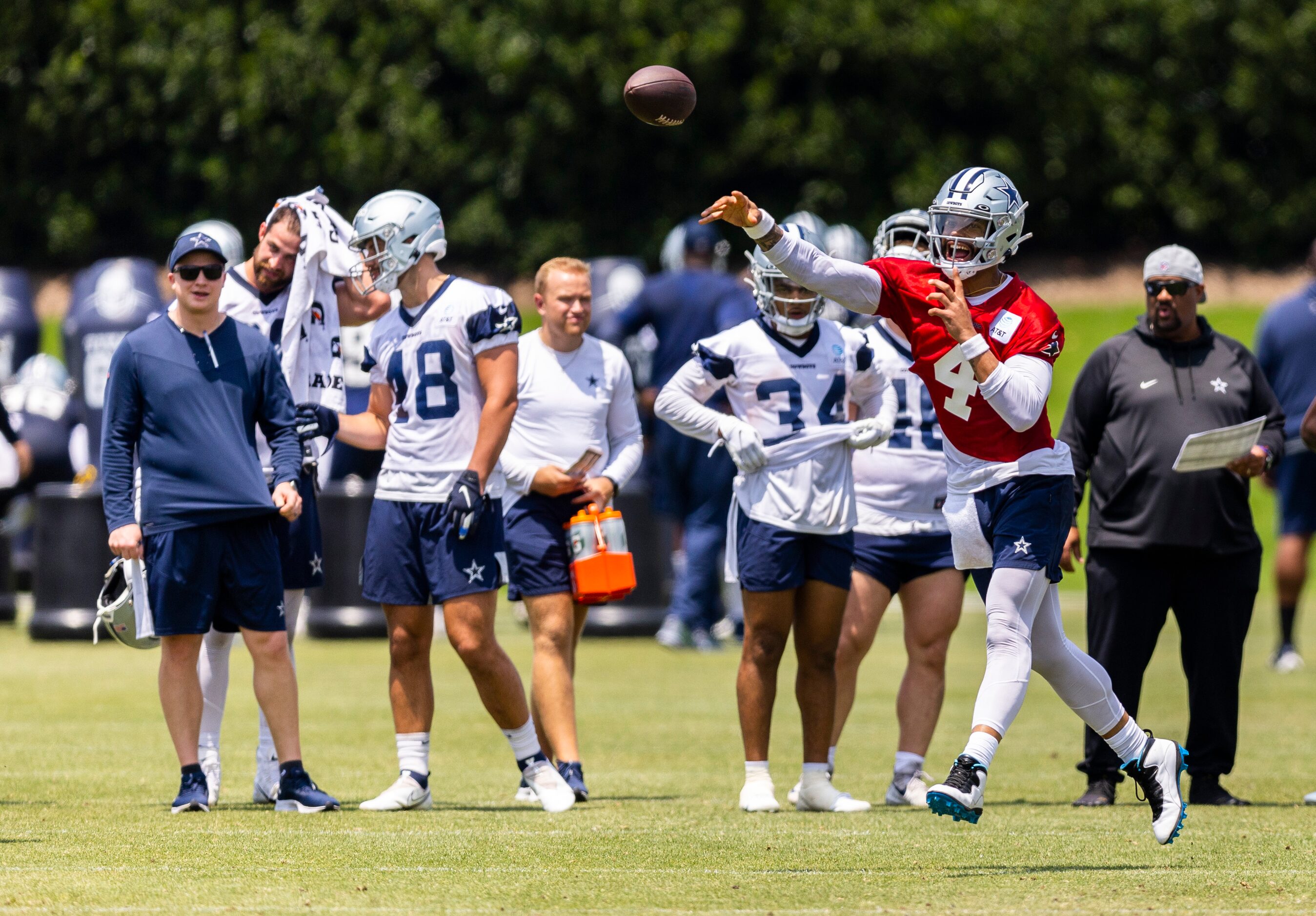 Dallas Cowboys Dak Prescott (4) throws during practice at The Star in Frisco, Thursday, June...