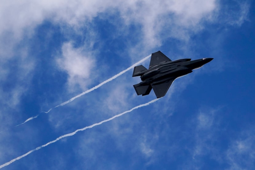 A U.S. Air Force F-35 flies past, at the Farnborough International Air Show in Farnborough,...