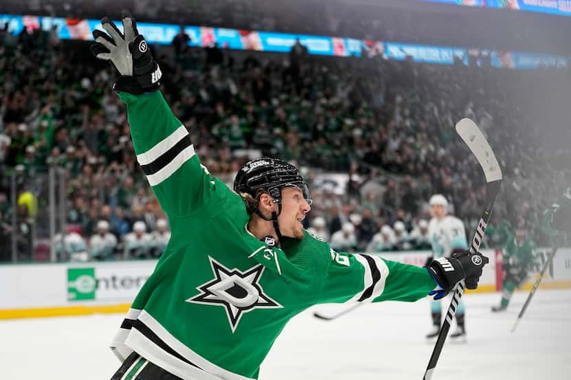 Dallas Stars' Roope Hintz celebrates after scoring against the Seattle Kraken during the...