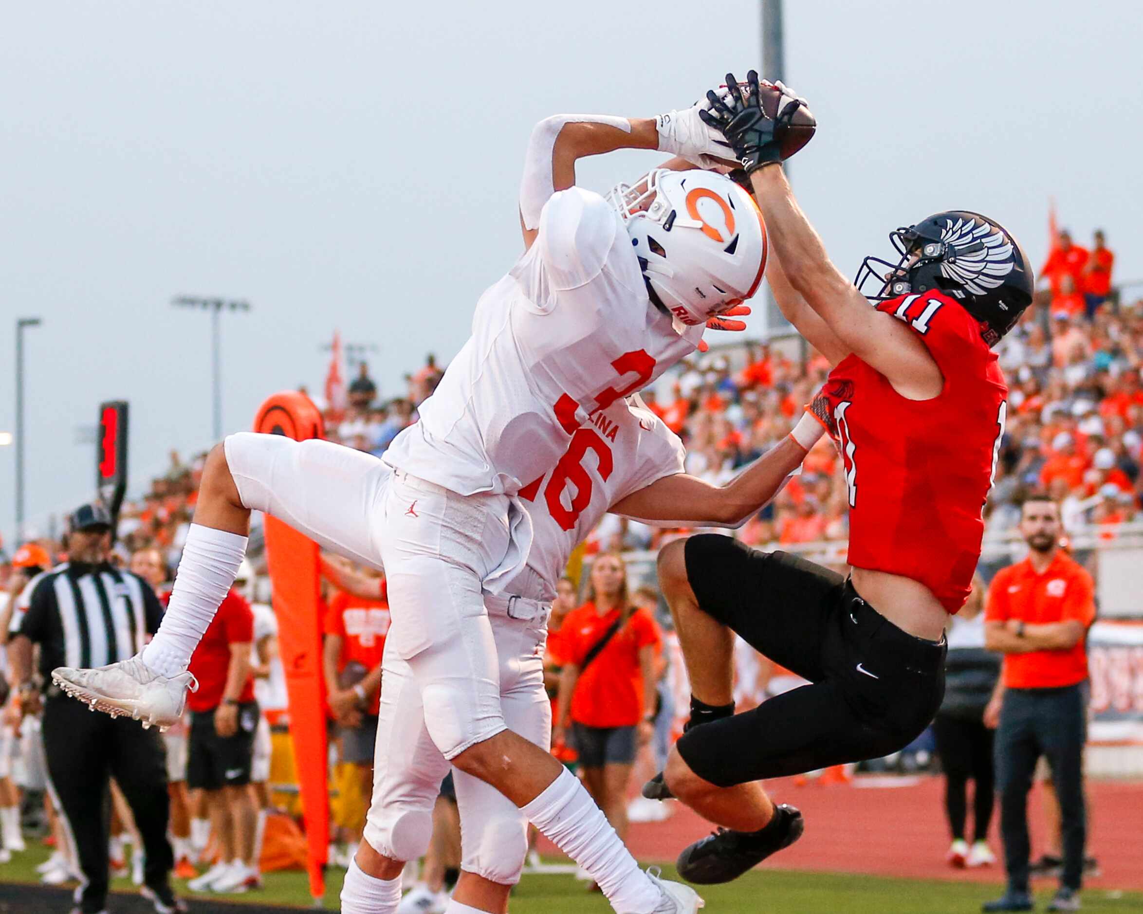 Celina defensive back Jamison Driver (3) breaks up a pass intended for Argyle wide receiver...