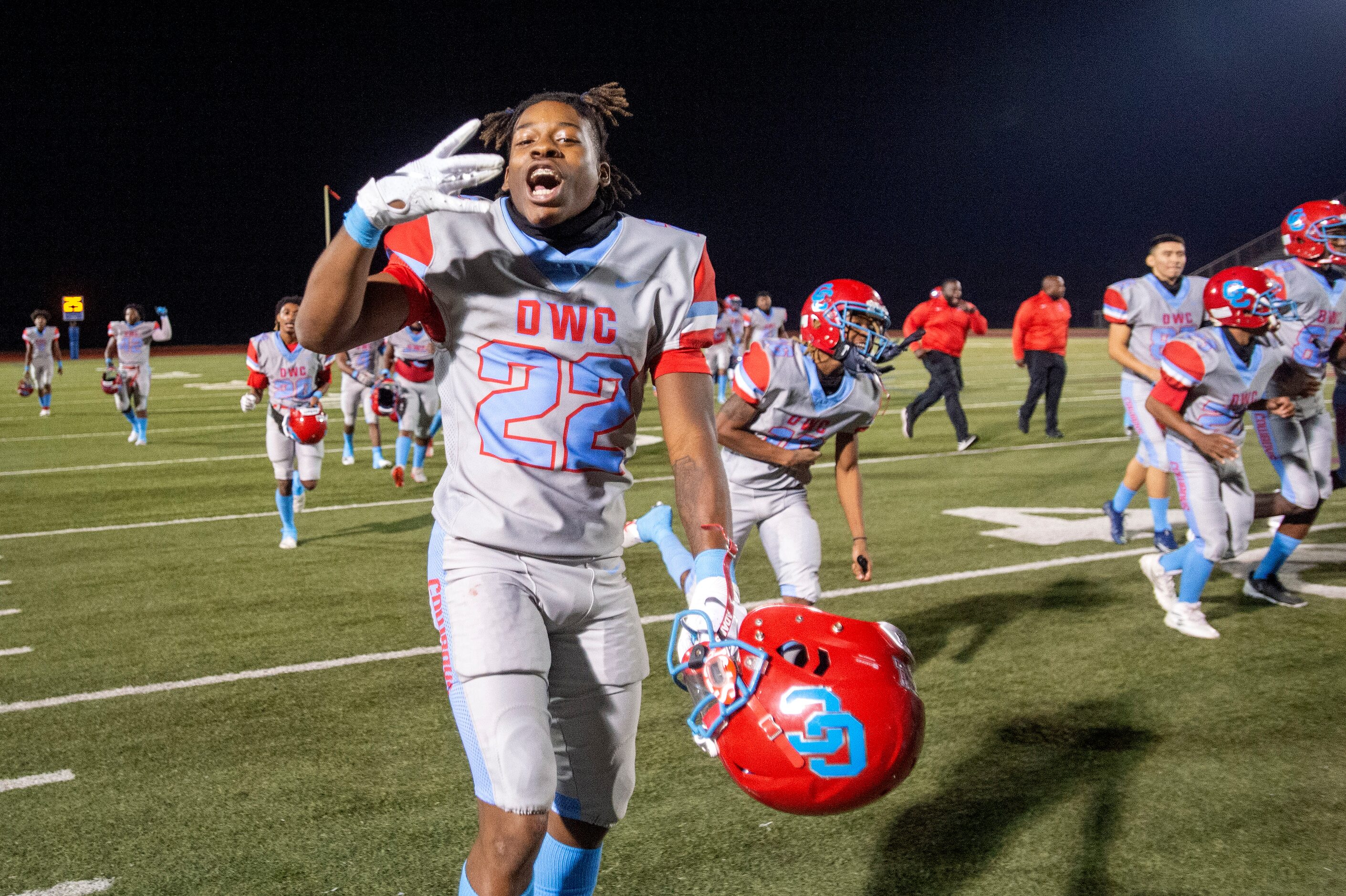 Carter junior wide receiver Brandon Williams (22) celebrates his team’s 50-12 win over...