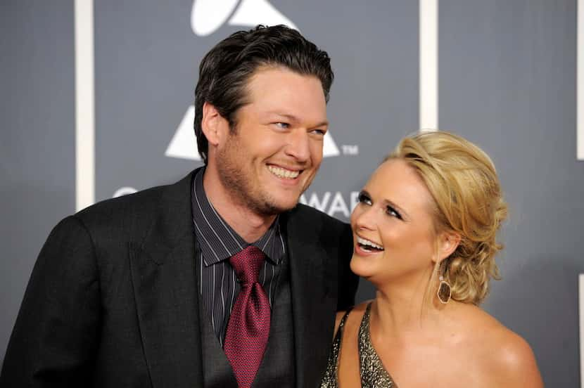 FILE - In this Feb. 13, 2011 file photo, Blake Shelton, left, and Miranda Lambert arrive at...