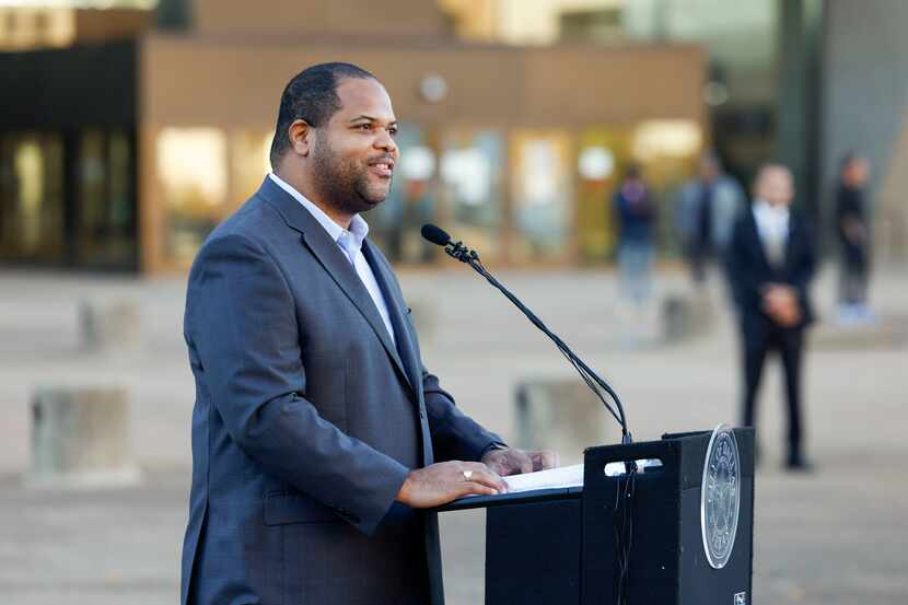 Dallas Mayor Eric Johnson speaks during a press conference in December 2021 outside of...