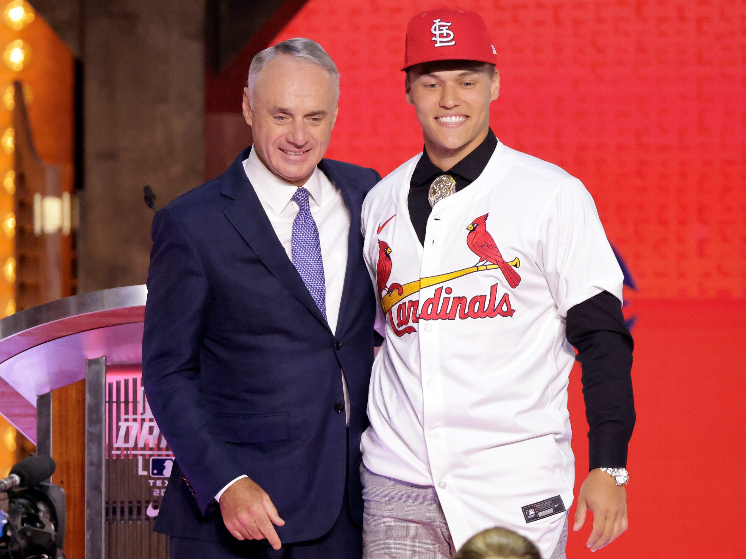 JJ Wetherholt, a shortstop from West Virginia, poses for a photo with Commissioner Rob...