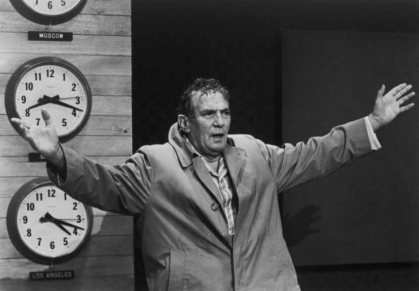 This 1977 file image provided by United Artists shows Peter Finch as anchorman Howard Beale...