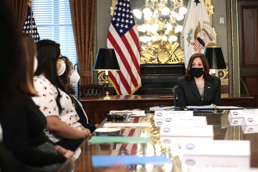 Vice President Kamala Harris speaks during a roundtable discussion on reproductive rights...