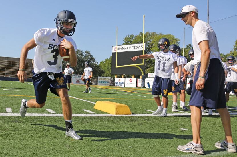 Receiver JT Dooley (3) participates in drills during the first  football practice at...