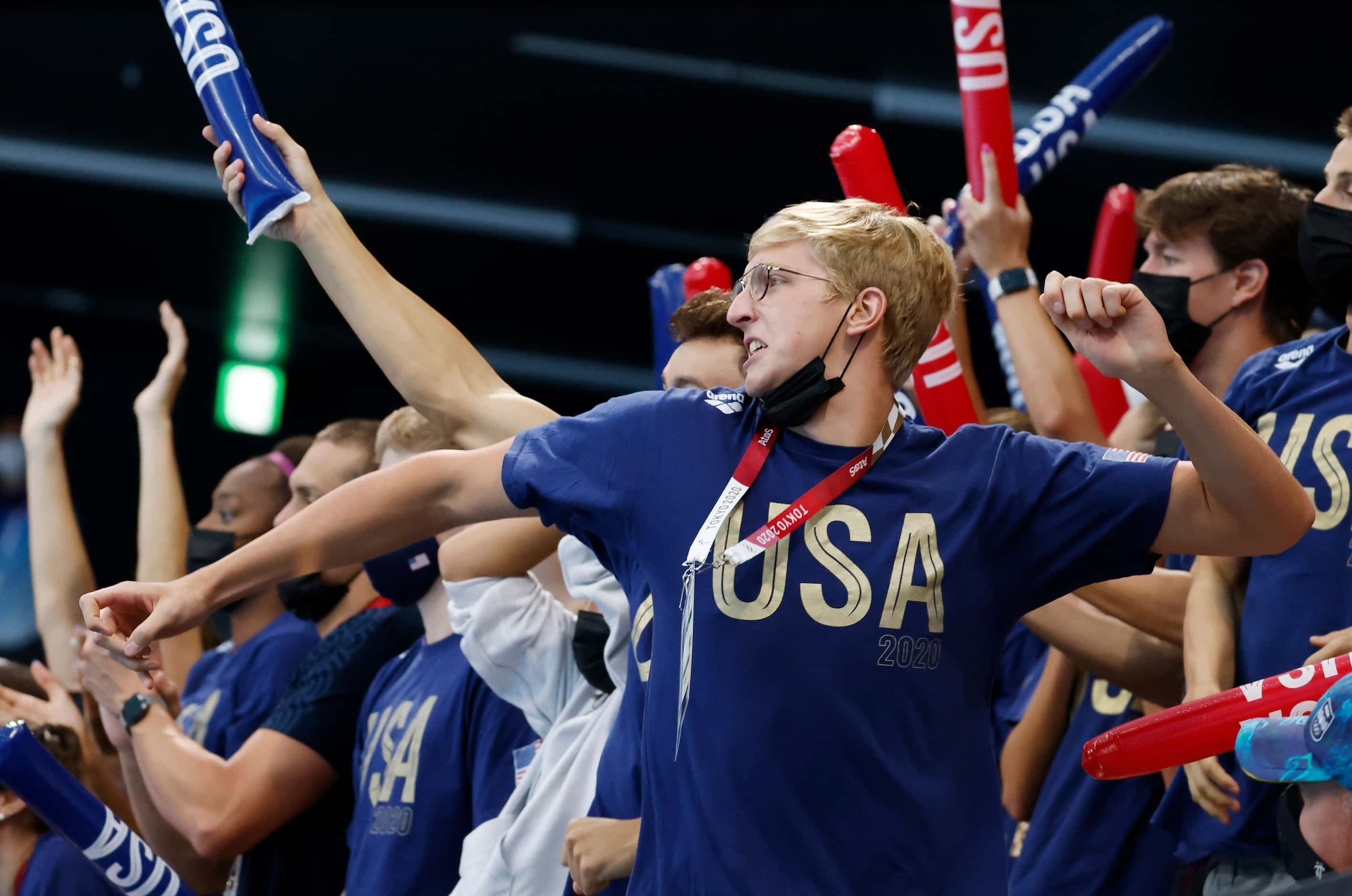 USA’s Kieran Smith cheers on Robert Finke on the last lap of the men’s 1500 meter freestyle...