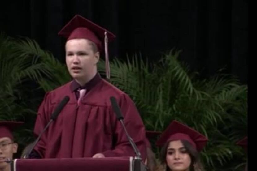 Sef Scott delivers the commencement address at Plano Senior High on Saturday.