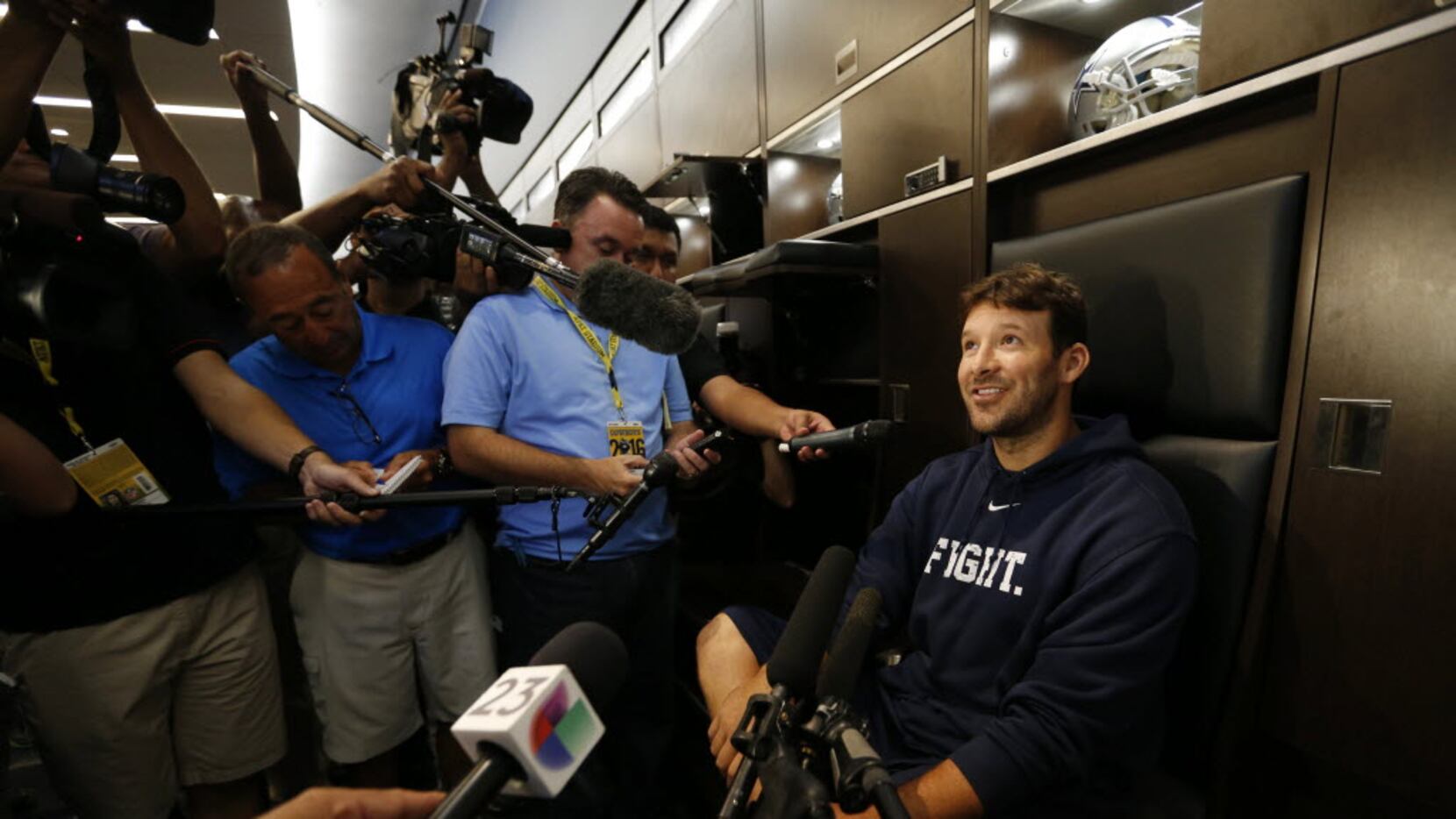 Dallas Cowboys quarterback Tony Romo talks about the new facility as he speaks to the media...