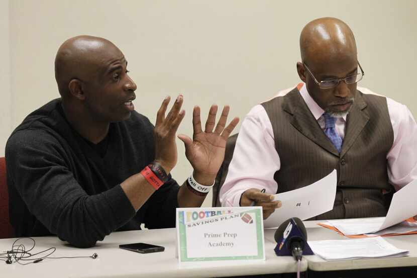 Deion Sanders (left) and D.L. Wallace, founders of Prime Prep during a District 11-3A...