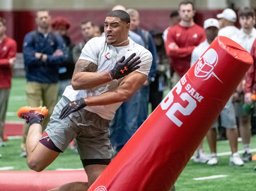 Alabama's Christian Miller works through individual drills at Alabama's NFL Pro Day,...