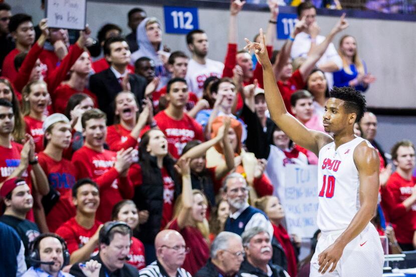 Southern Methodist Mustangs guard Jarrey Foster (10) celebrates late in the second half as...