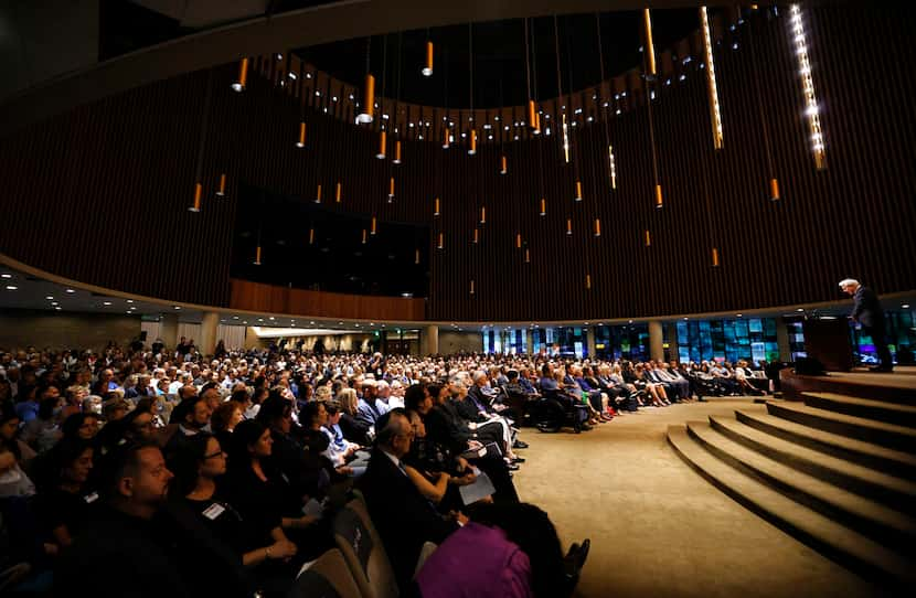 Rabbi David Stern, right, speaks during a community solidarity gathering for Israel at...