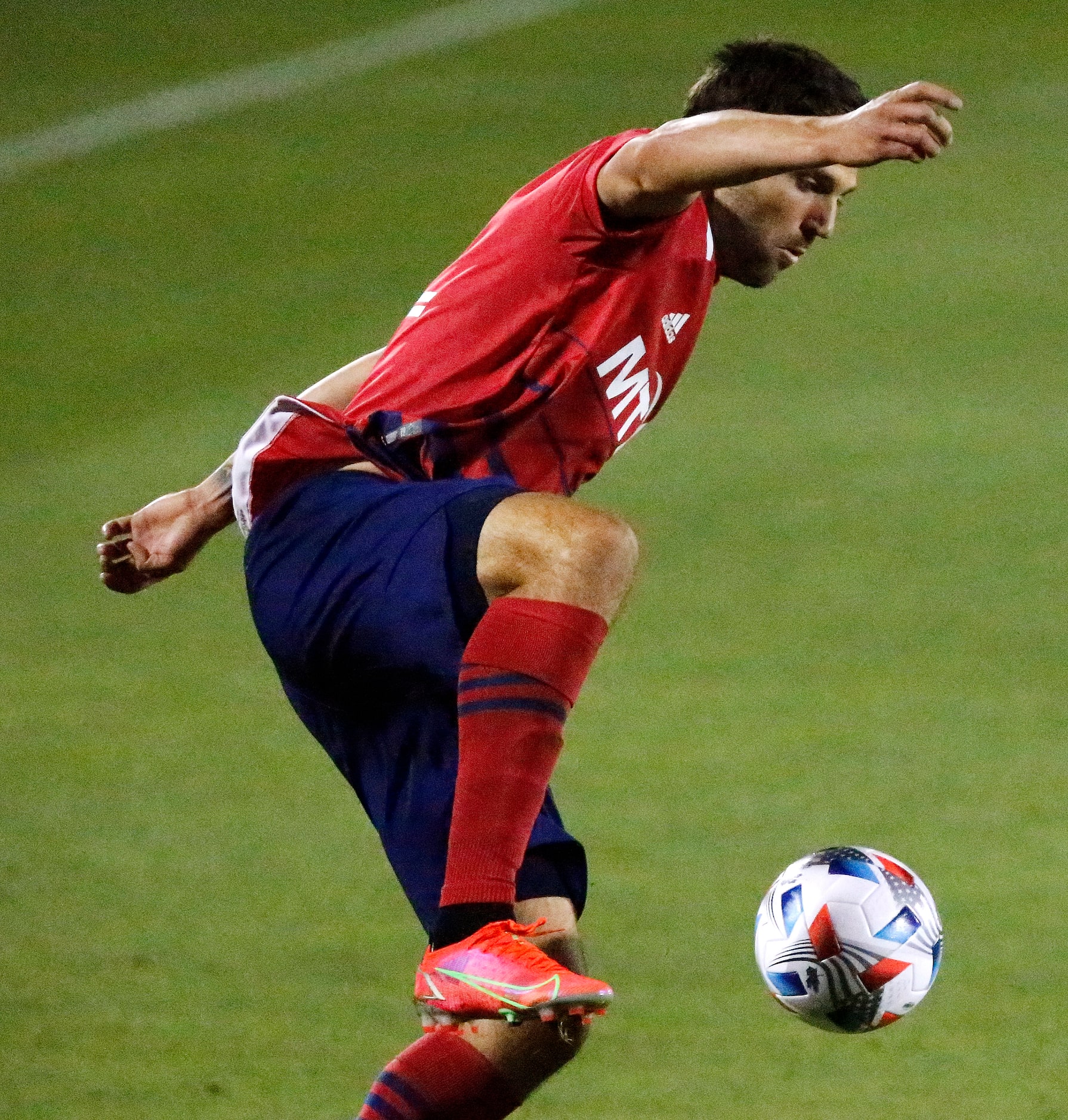 FC Dallas midfielder Ryan Hollingshead (12) stops a pass during the second half as FC Dallas...