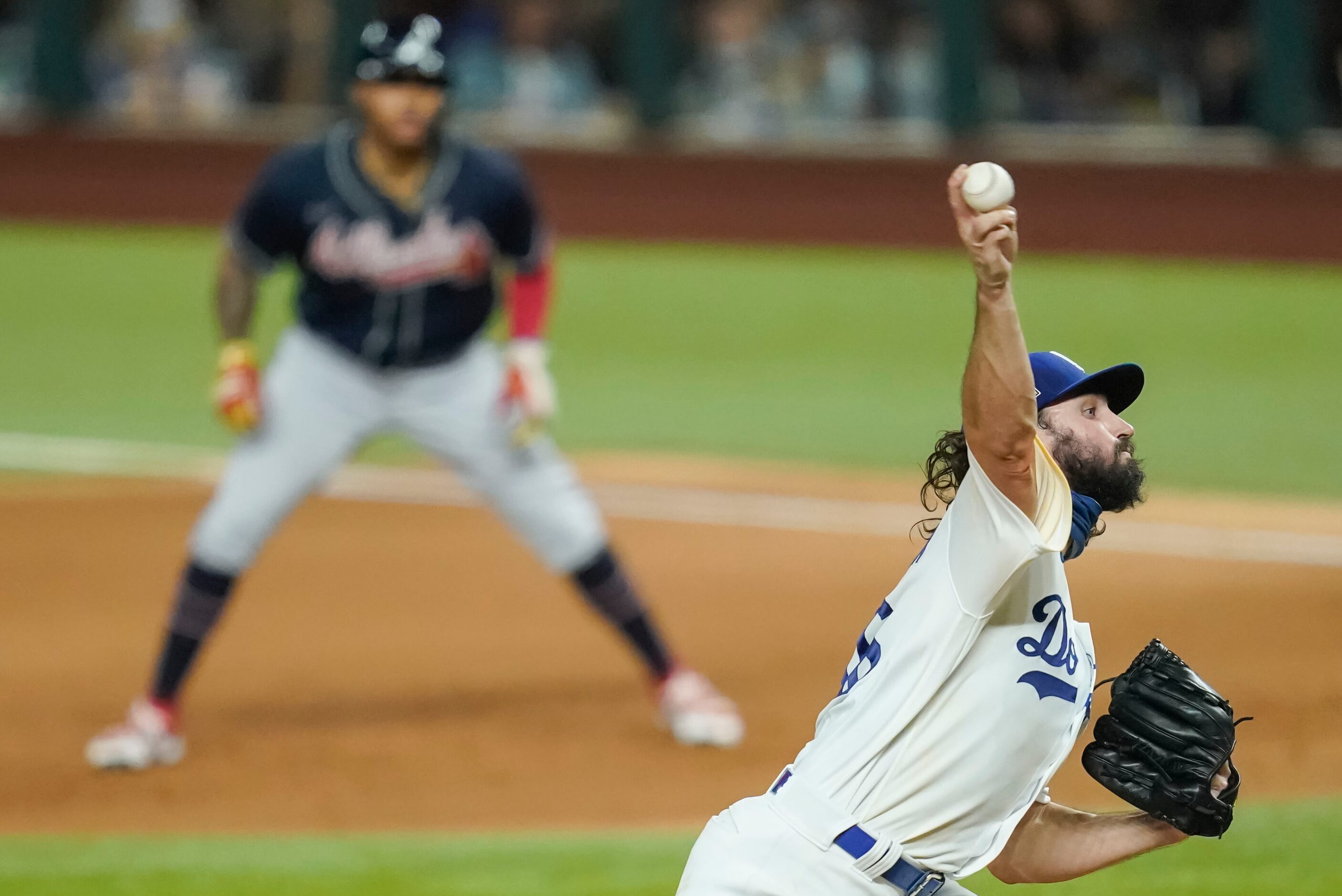 Los Angeles Dodgers pitcher Tony Gonsolin delivers during the second inning against the...