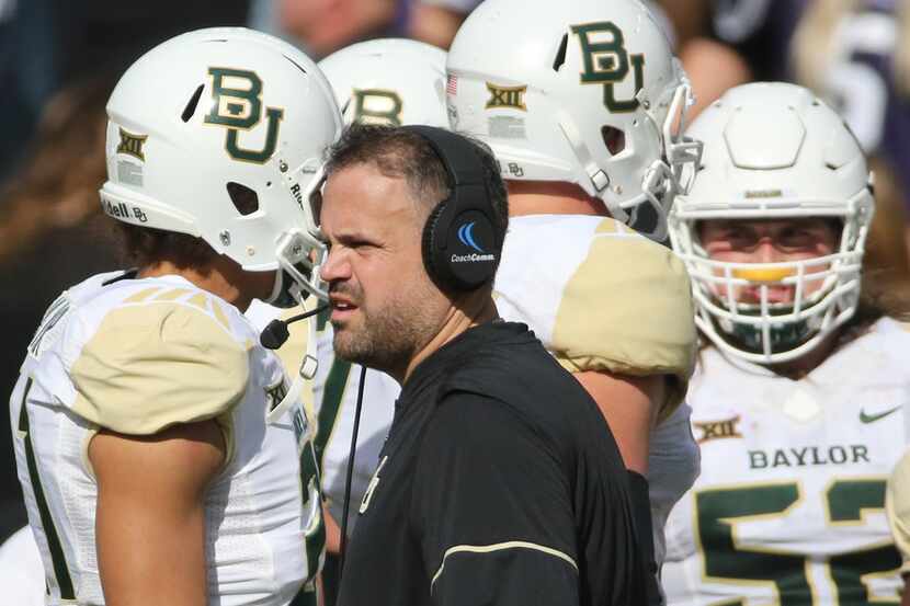 Baylor head coach Matt Rhule is pictured on the sidelines during the Baylor University Bears...