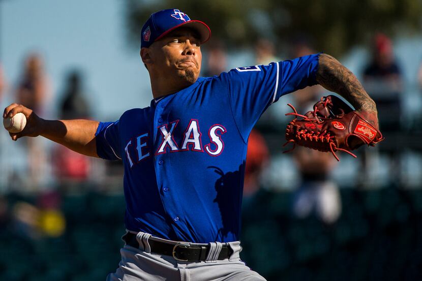 Texas Rangers pitcher Keone Kela pitches during the seventh inning against the Cleveland...