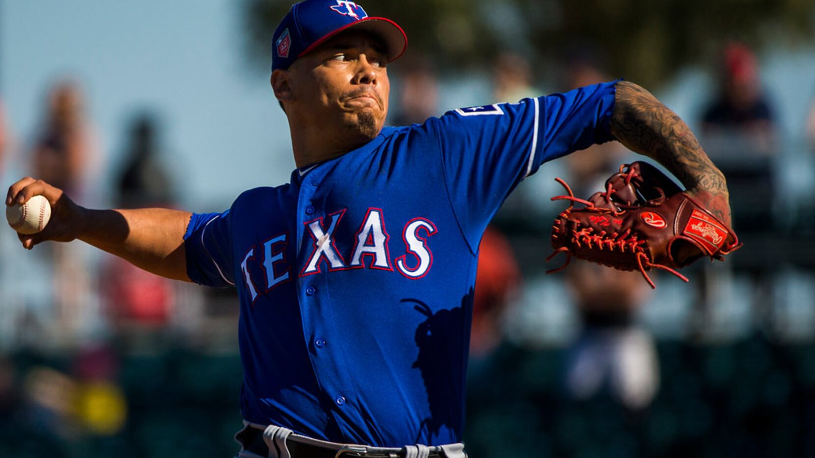 Texas Rangers pitcher Keone Kela pitches during the seventh inning against the Cleveland...