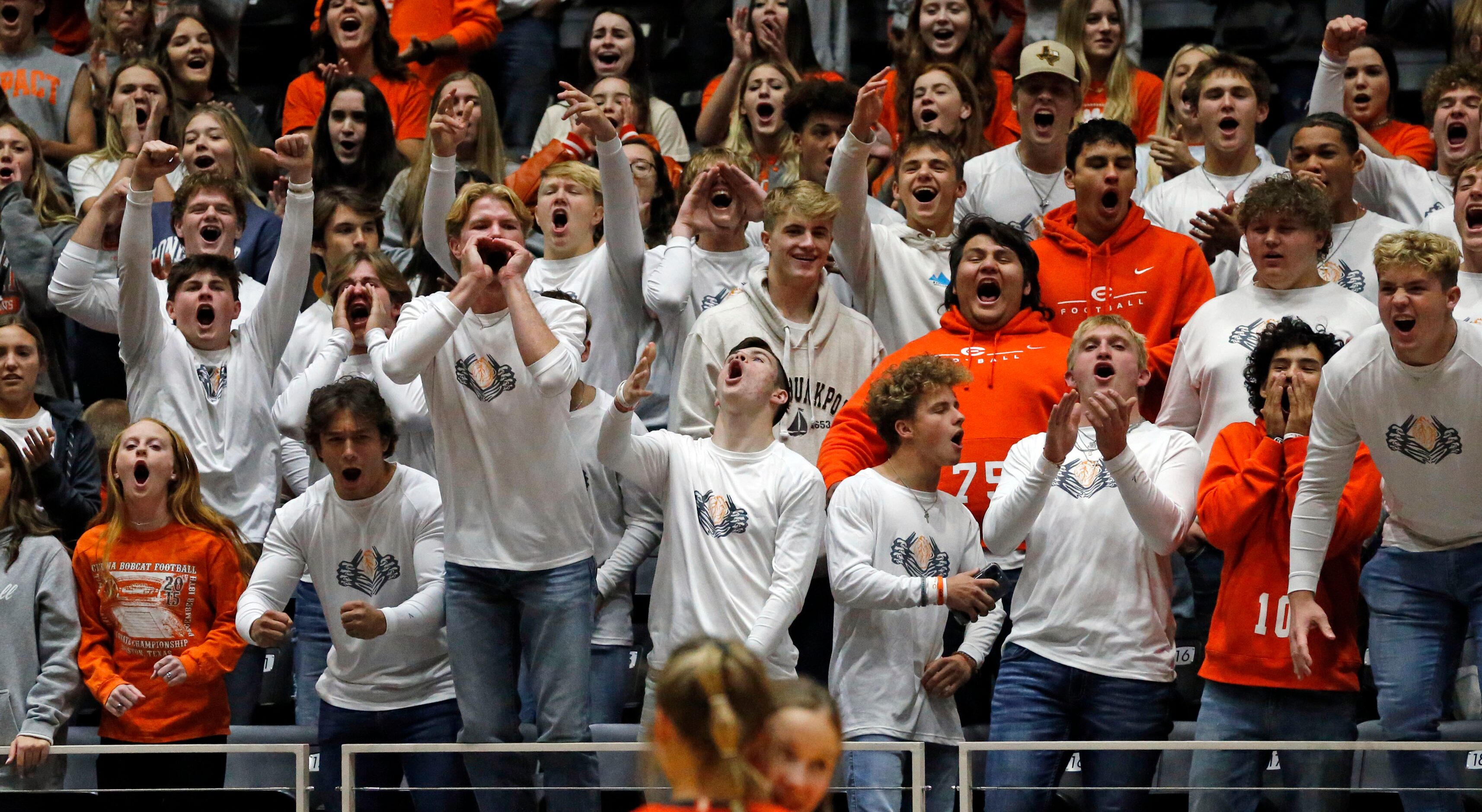 Celina fans scream, as the team pulls ahead during the Class 4A state semifinal volleyball...