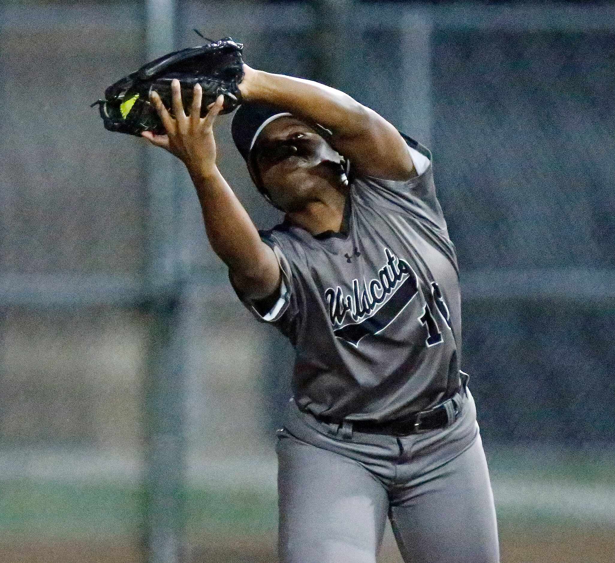 Denton Guyer High School second baseman Bre Jackson (16) catches a pop up for an out in the...