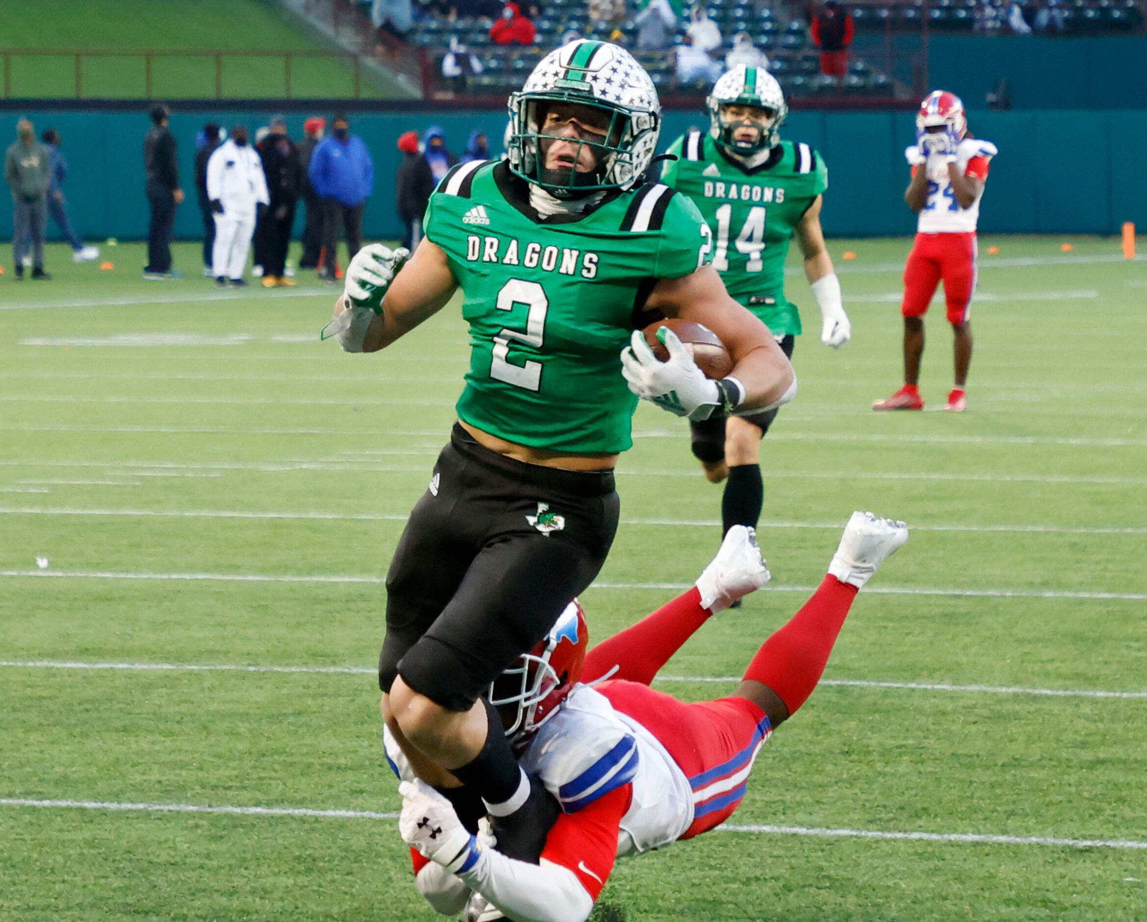 Southlake running back Owen Allen (2) scores a touchdown against Duncanville during the...