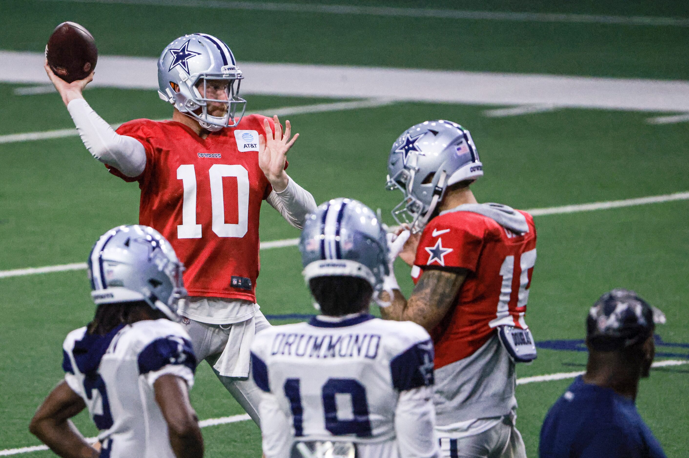 Dallas Cowboys quarterback Cooper Rush (10) throws the ball after the Dallas Cowboys open...