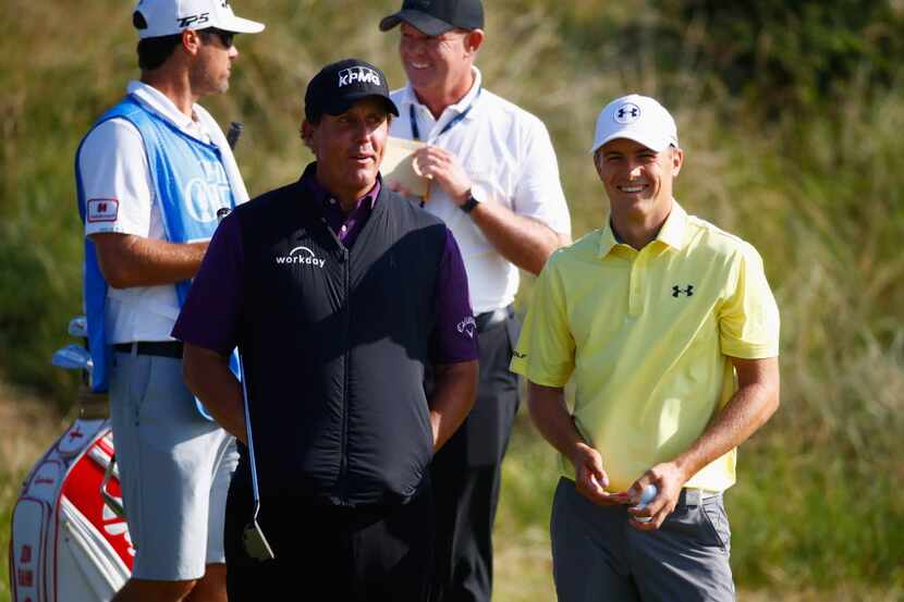 SOUTHPORT, ENGLAND - JULY 18:  Phil Mickelson of the United States (L) chats with Jordan...