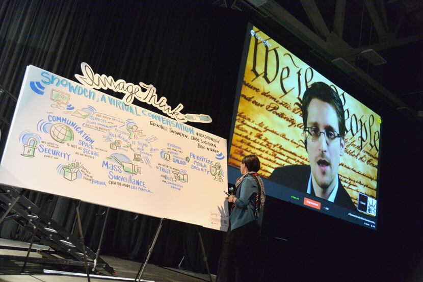 AUSTIN, TX - MARCH 10:  NSA whistleblower Edward Snowden speaks via videoconference at the...
