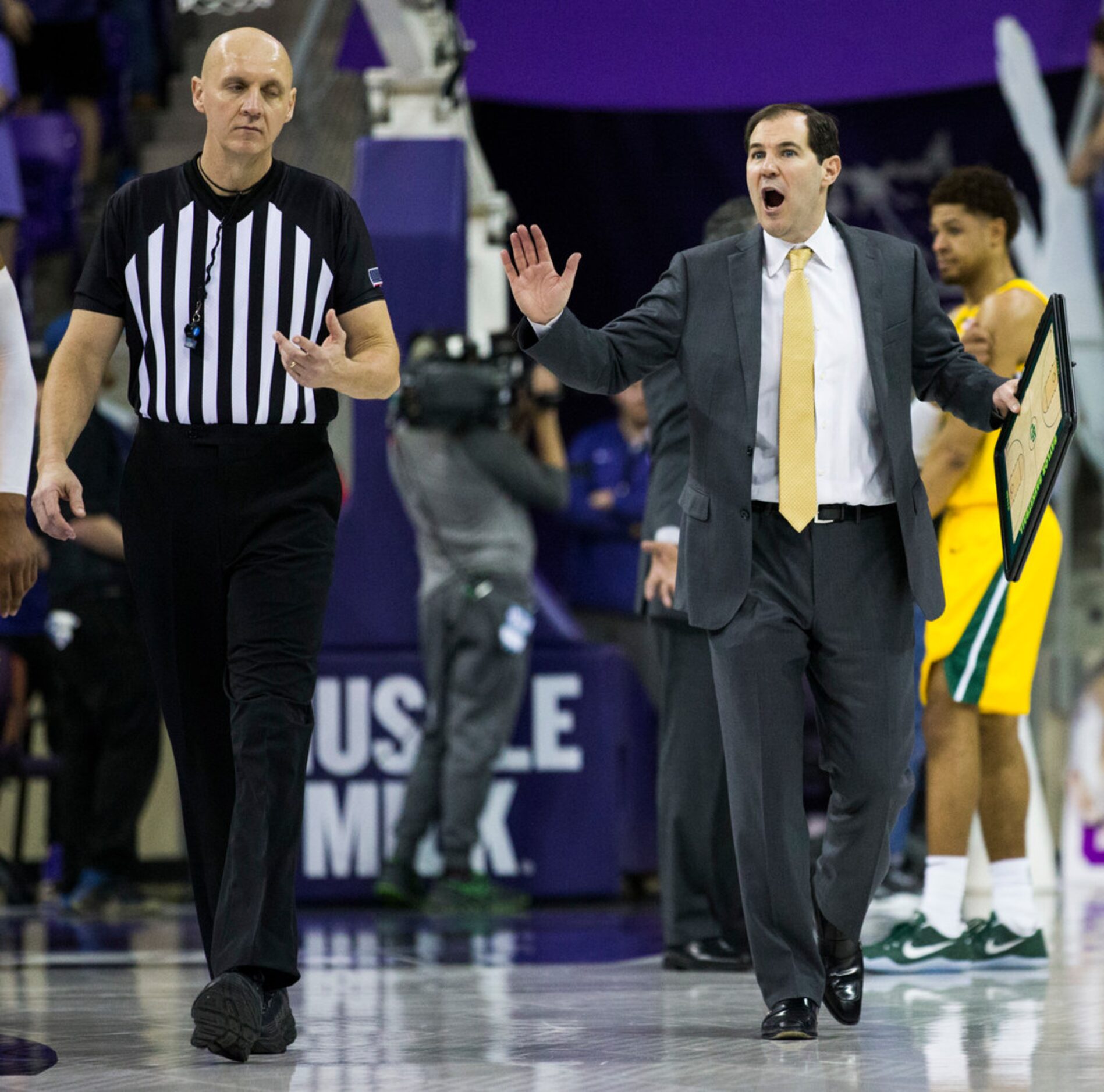 Baylor Bears head coach Scott Drew disputes a call during the second half of an NCAA mens...