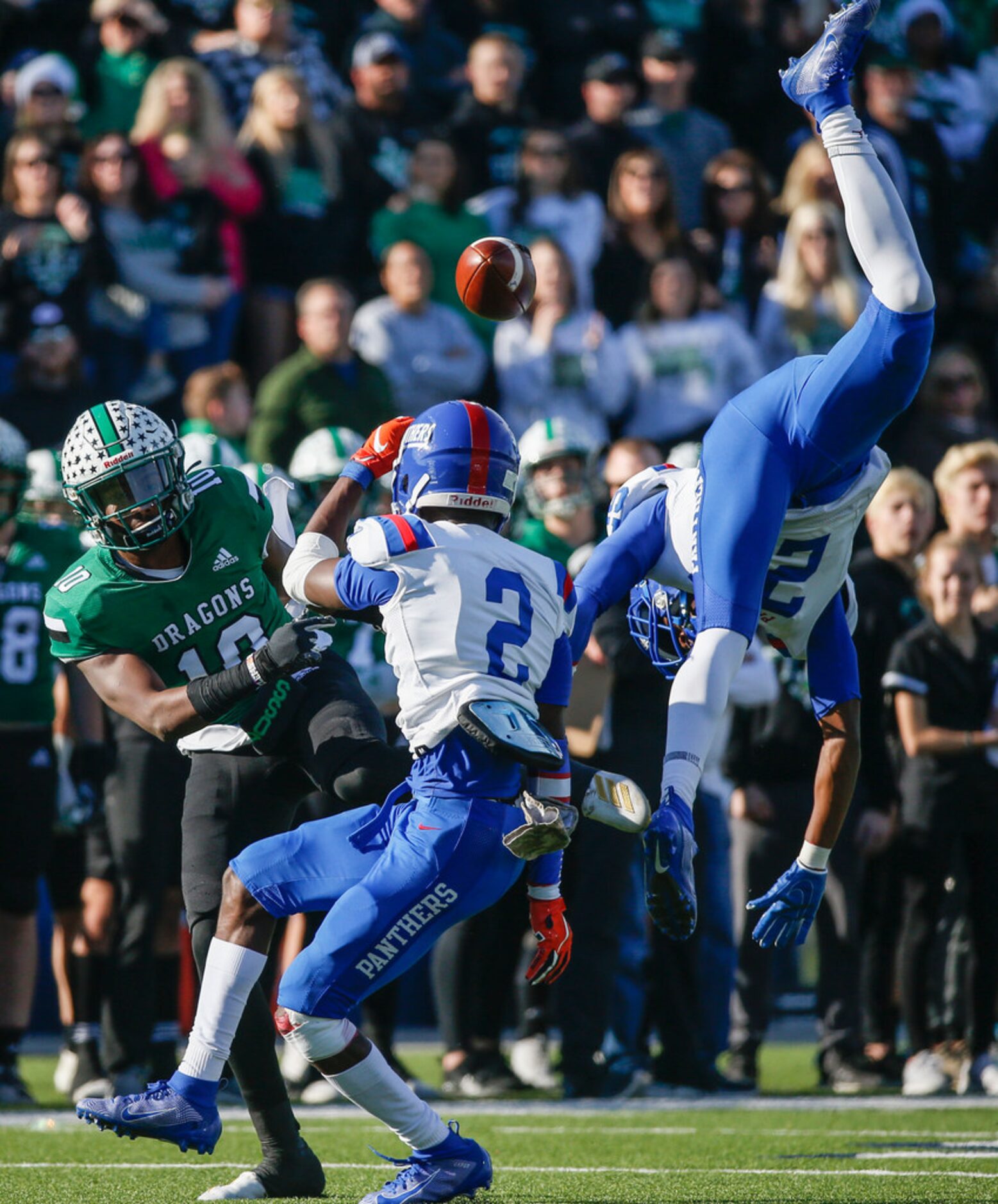 Duncanville defensive backs Ennis Rakestraw Jr. (2) and Scott Thailan (25) break up a pass...