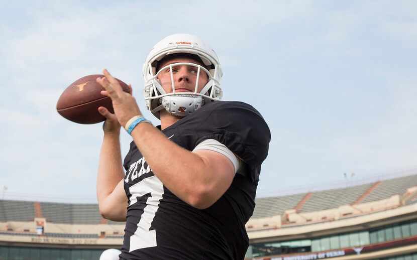 Quarterback Shane Buechele (7) warms up before the Orange-White spring NCAA college football...