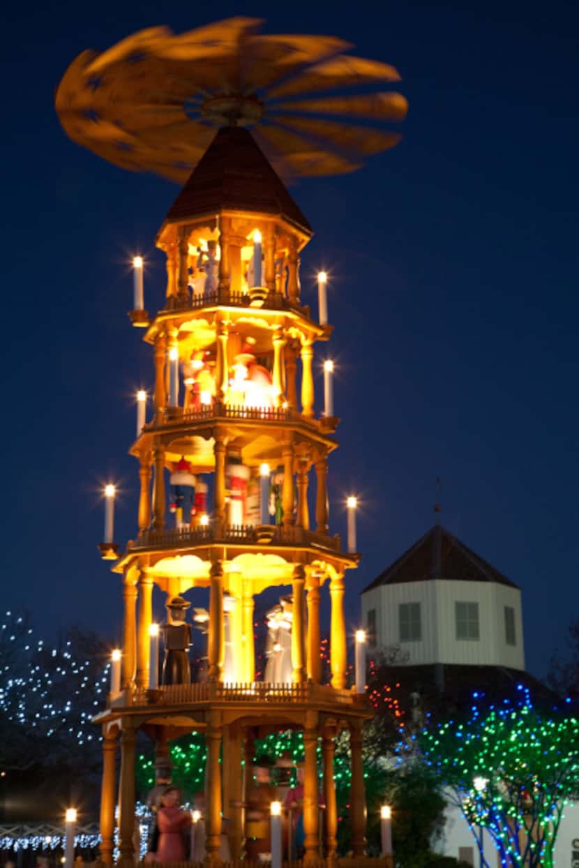 A 26-foot-tall wooden pyramid is erected in Fredericksburg's main square each holiday season.