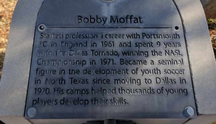 Bobby Moffat's Texas Soccer Walk of Fame plaque ourside Toyota Stadium.