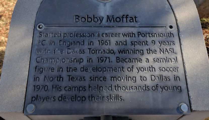 Bobby Moffat's Texas Soccer Walk of Fame plaque ourside Toyota Stadium.