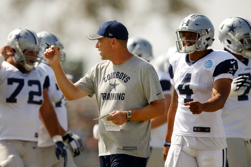 Dallas Cowboys offensive coordinator Scott Linehan directs the first team offense with...