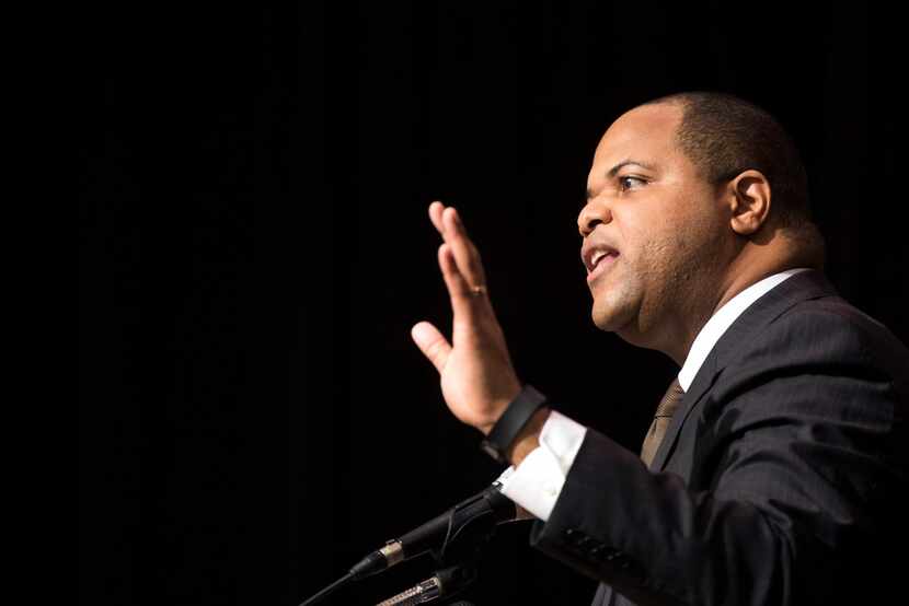 Eric Johnson, candidate for Dallas mayor, answers a question during a forum at Edna Rowe...