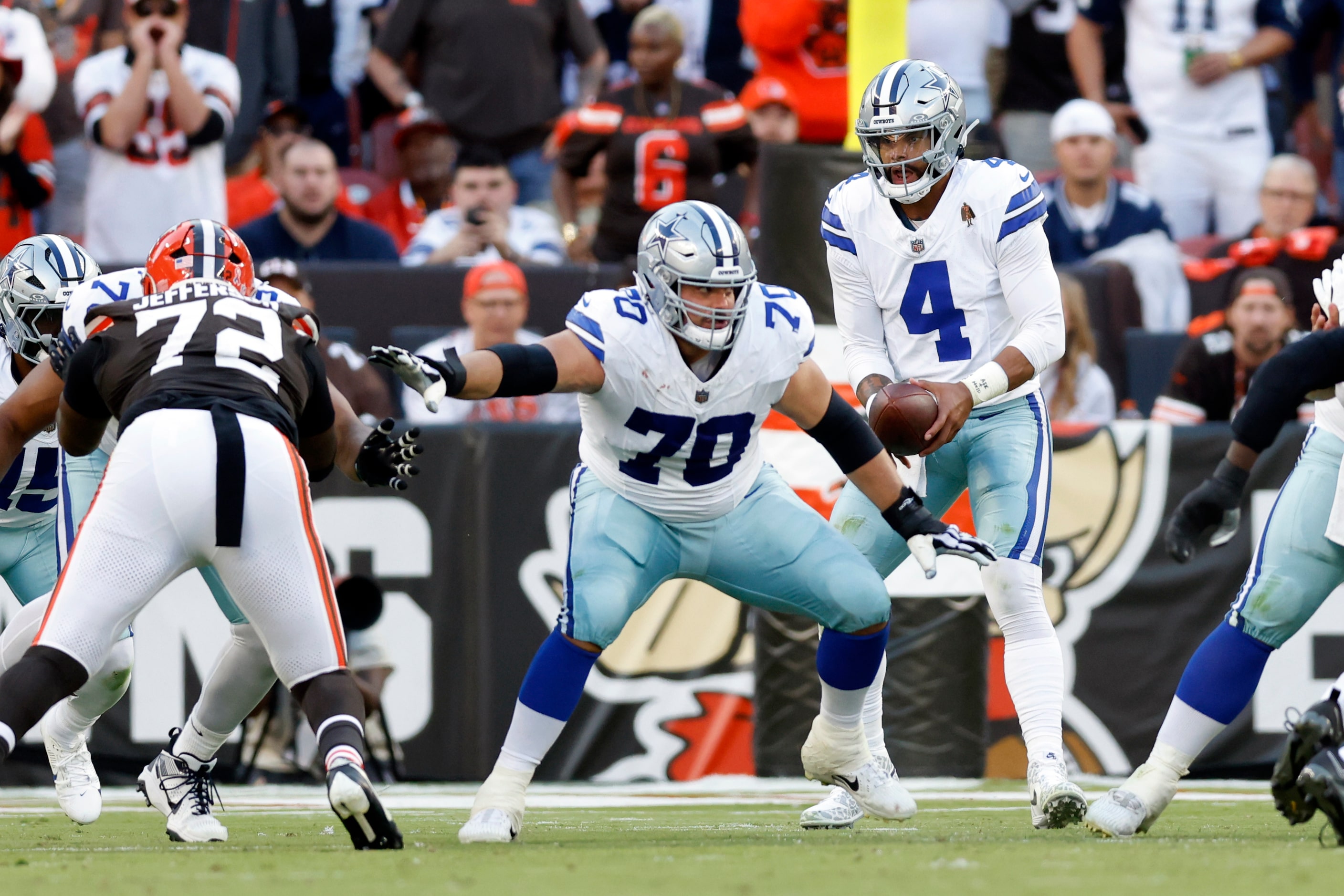 Dallas Cowboys quarterback Dak Prescott (4) drops back to pass during the second half...