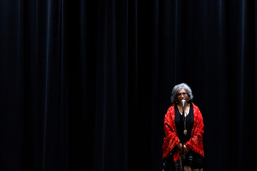 Saba Ansari of Bridge Builder Academy speaks during a storytelling event on Tuesday, April...