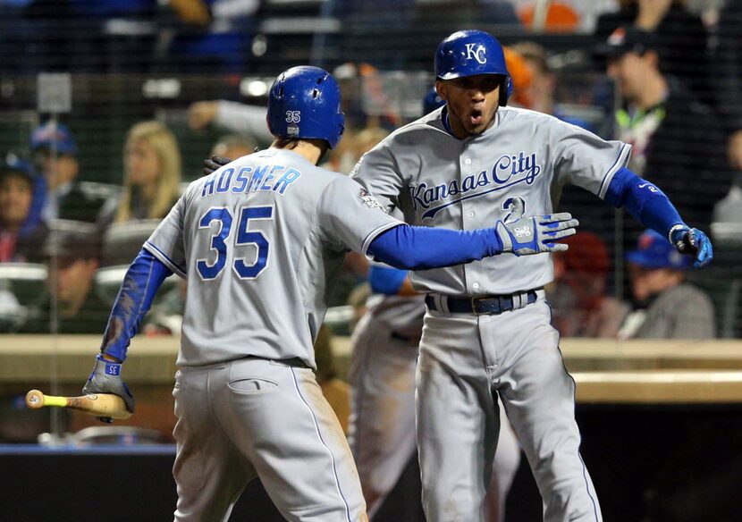 Nov 1, 2015; New York City, NY, USA; Kansas City Royals shortstop Alcides Escobar (2)...