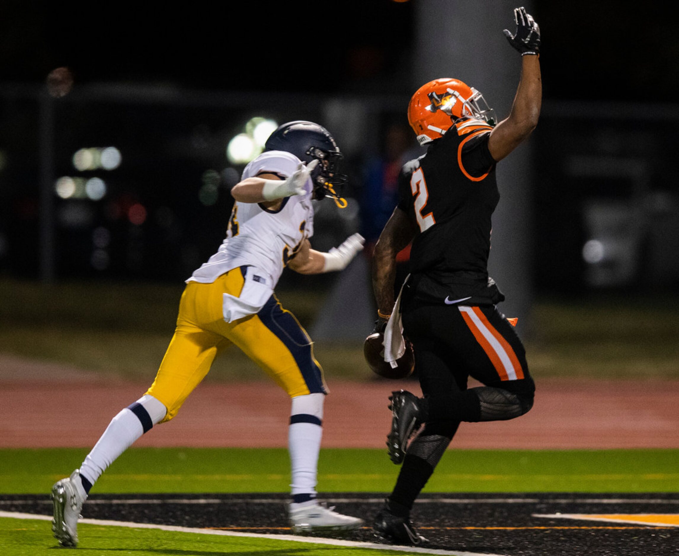 Lancaster running back Tre Bradford (2) runs to the end zone for a touchdown during the...