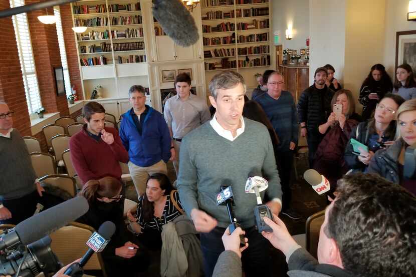 Beto O'Rourke speaks to reporters at The Common Man restaurant in Claremont, N.H., on March...