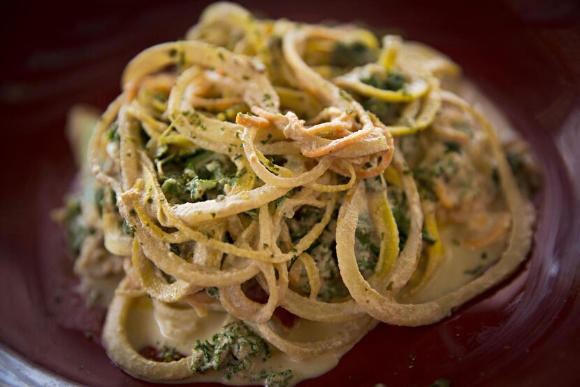 
Suki Otsuki’s Root Vegetable Angel Hair Pasta has spiralized sweet potatoes, russet...